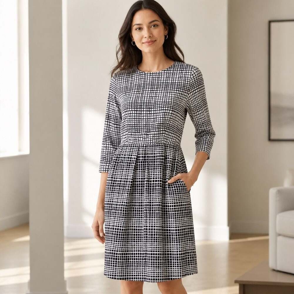 J. McLaughlin Black and White Checkered Catalina Cloth Pleated Shift Dress Sz L